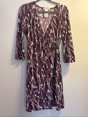 Laundry By Design Plum and White Floral V-Neck Midi Dress Funky Office Faux Wrap